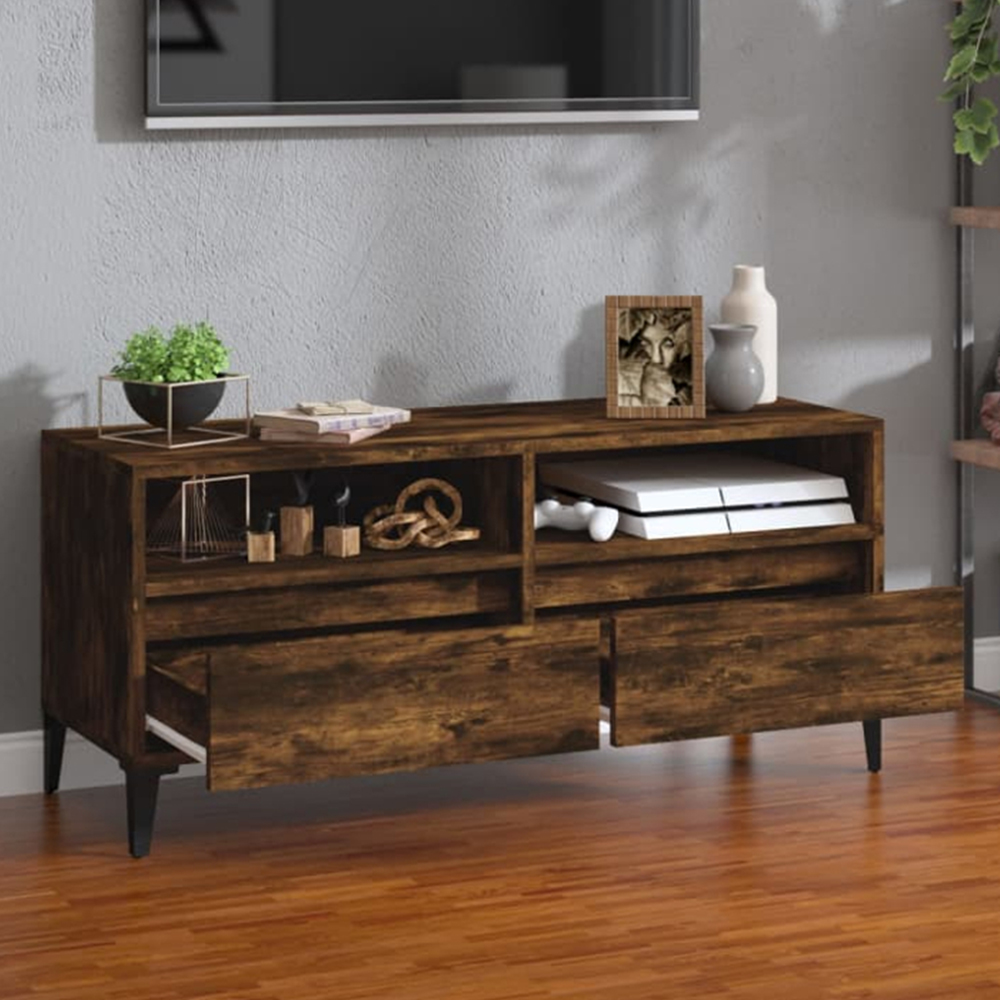 vidaXL 2 Drawer 2 Open Shelf Smoked Oak TV Cabinet with Black Legs Image 1