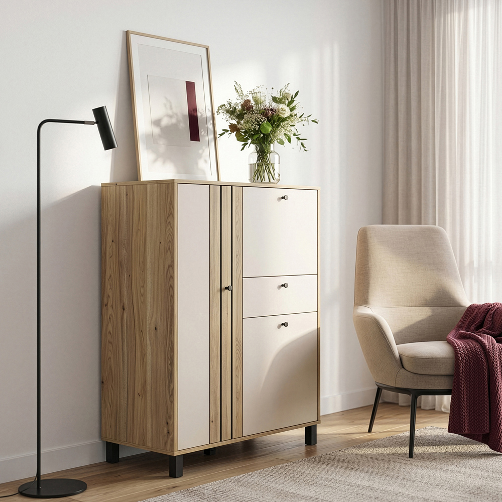 Florence Grafton 3 Door Single Drawer Cream and Oak Sideboard Image 4