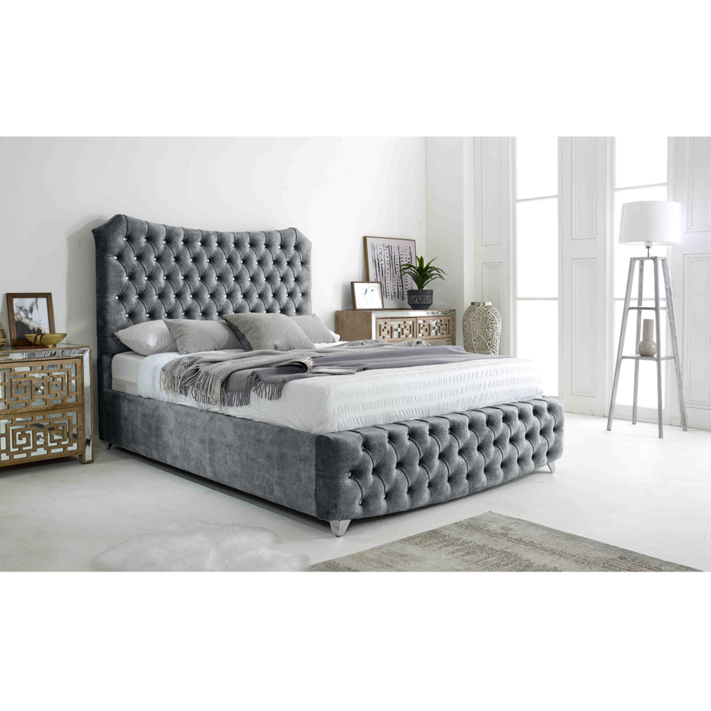 Eleganza Valentino Small Double Silver Marble Fabric Bed with Chesterfield Headboard and Footboard Image 7