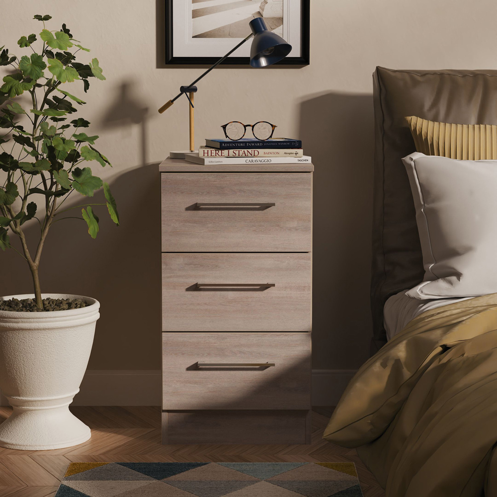 Crowndale Worcester 3 Drawer Grey Oak Bedside Cabinet Ready Assembled Image 7