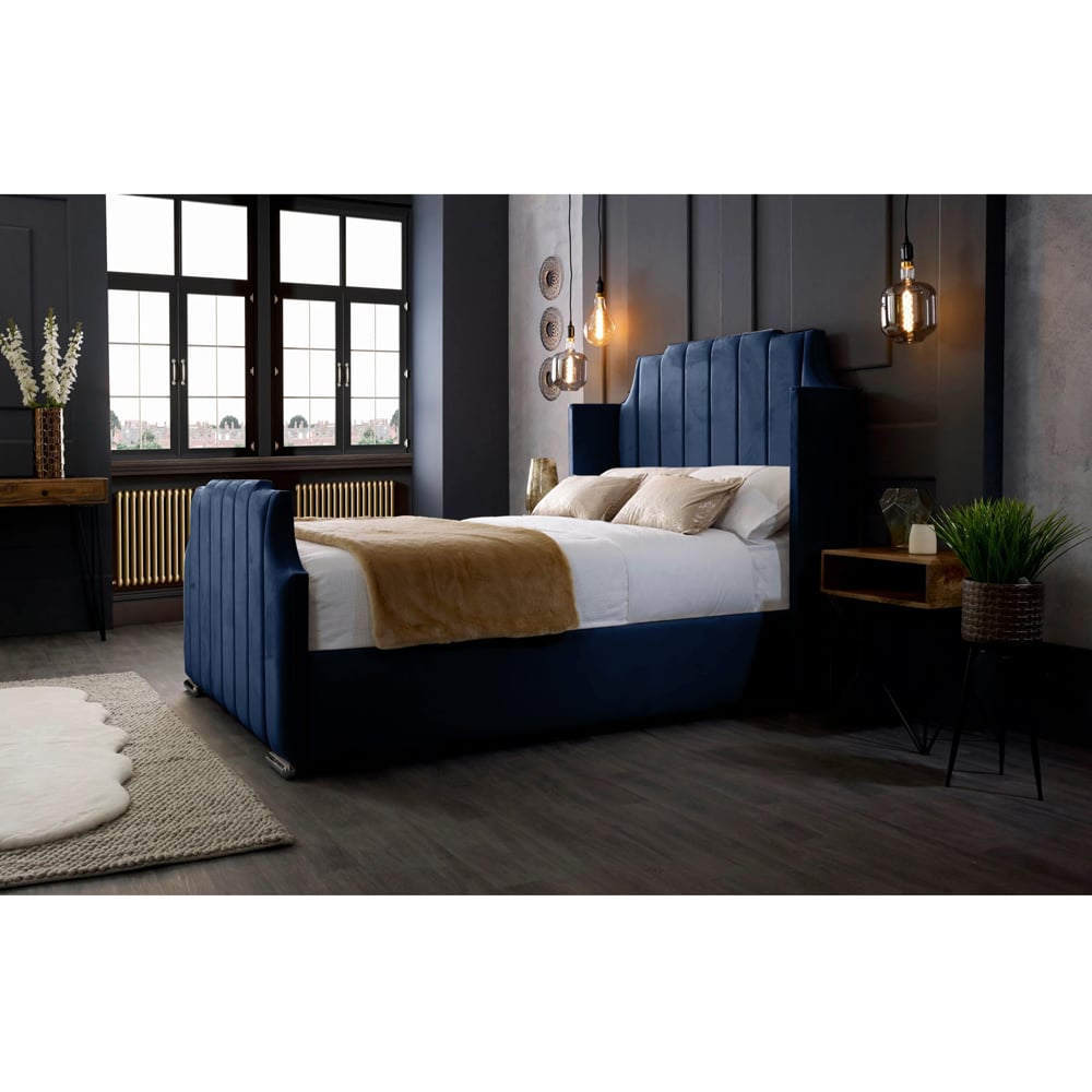 Eleganza Home Nelly Super King Size Blue Plush Velvet Bed Frame with Winged Headboard Image 3