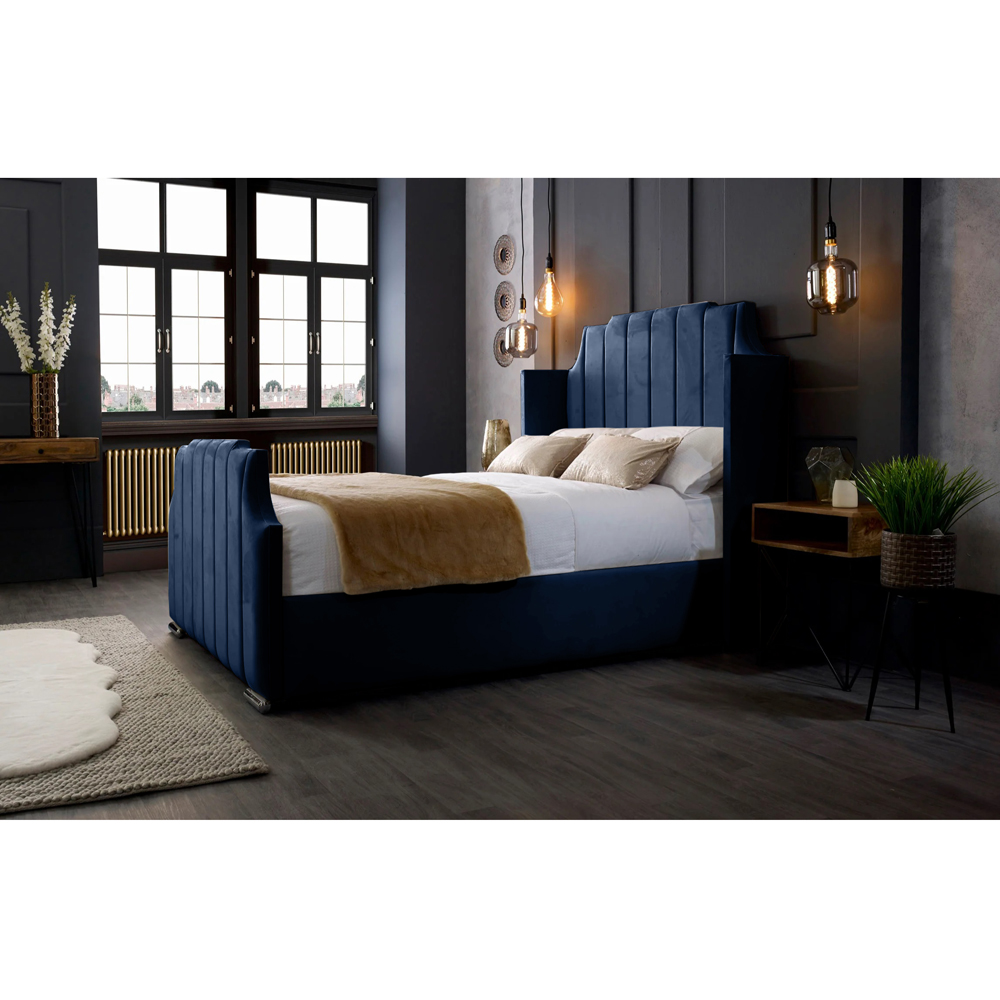 Eleganza Home Nelly King Size Blue Plush Velvet Bed Frame with Winged Headboard Image 3