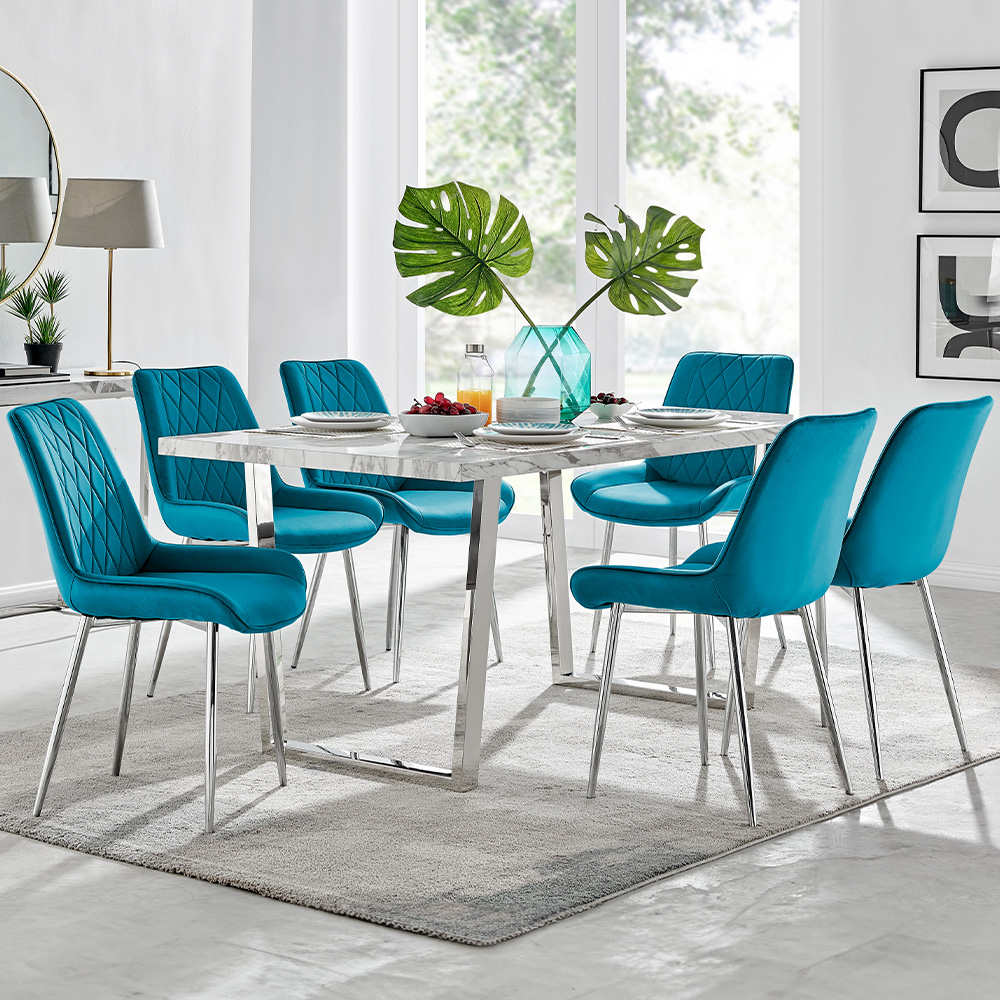 Furniturebox Solo Cesano 6 Seater Dining Set White Marble Effect and Blue Image 1