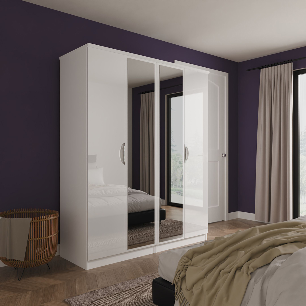 Crowndale Camden 4 Door Wardrobe White Gloss and White Mirrored Wardrobe Ready Assembled Image 9