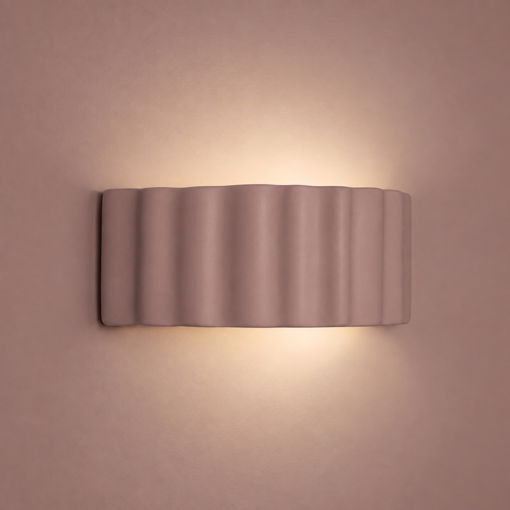 ValueLights Pablo Dusky Pink Ribbed Ceramic Flush Wall Light with Bulb Image 2