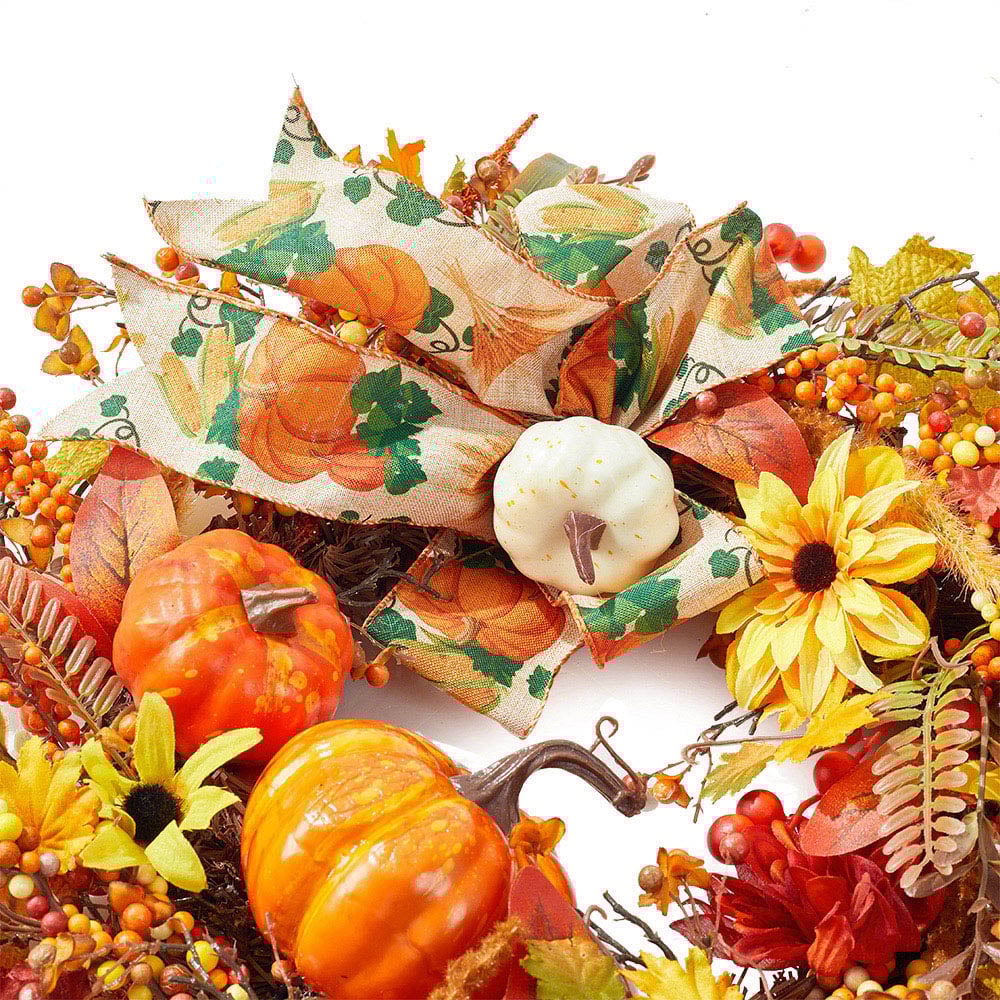 Living and Home Artificial Halloween Pumpkin Maple Leaves Wreath 50cm Image 4
