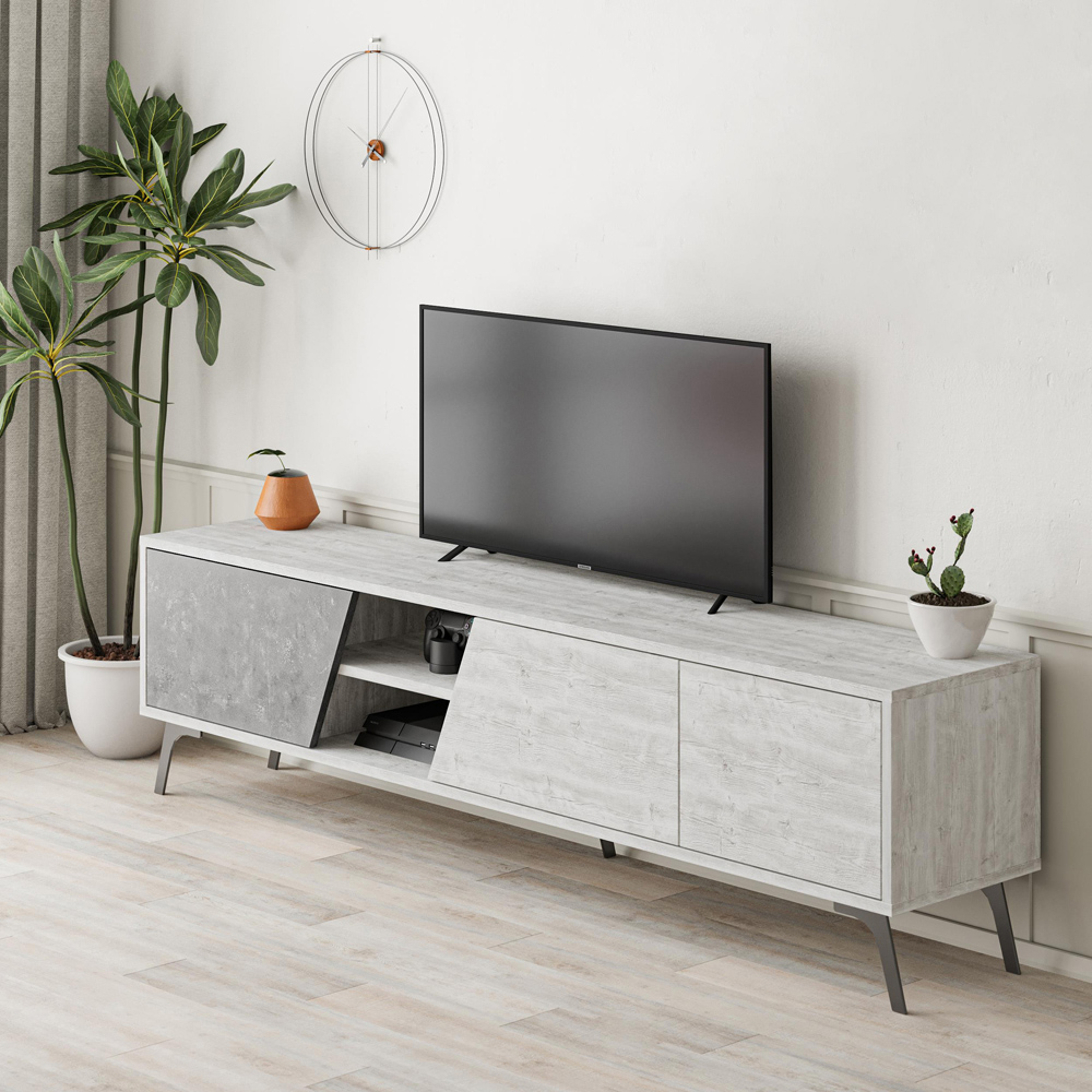 Decortie Fiona 3 Door 2 Shelf Retro Grey Ancient White TV Unit Media Centre Storage Cabinet Image 4
