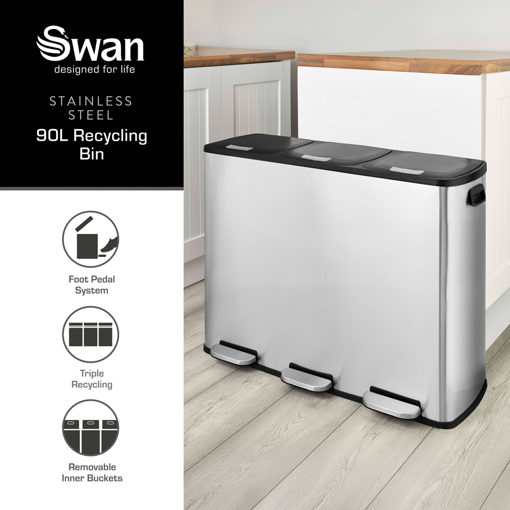 Swan Black Stainless Steel Triple Recycling Pedal Bin 90L Image 3