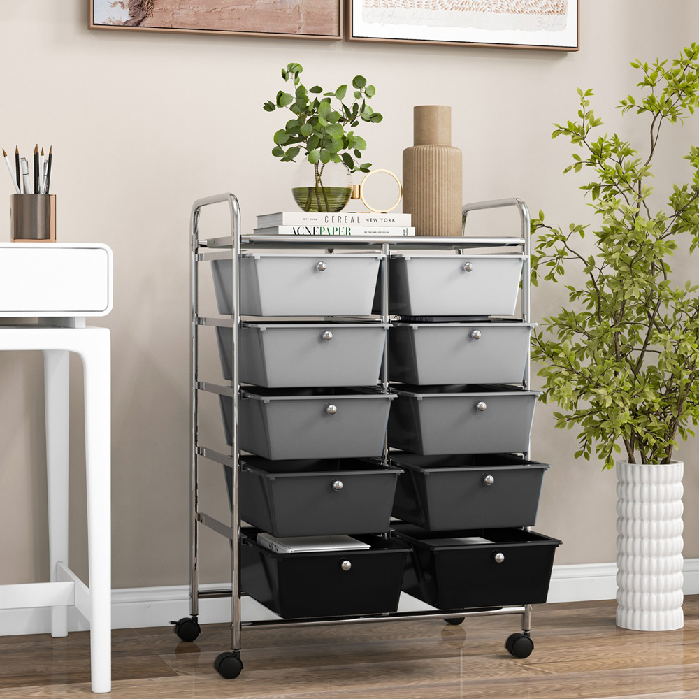 Costway 10 Drawer Black and Grey Storage Rolling Cart Image 3