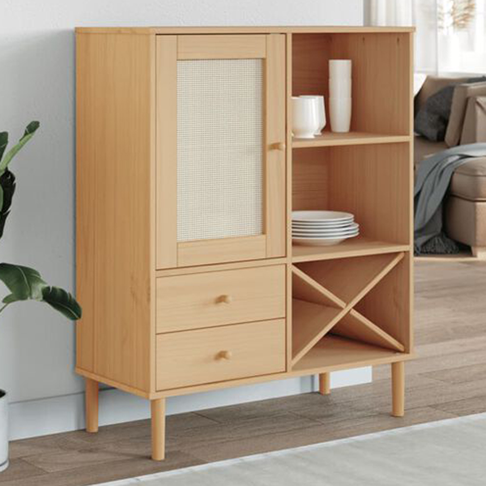 vidaXL Senja Single Door 2 Drawer 6 Shelf Brown Solid Pine Wood Rattan Look Highboard Image 1