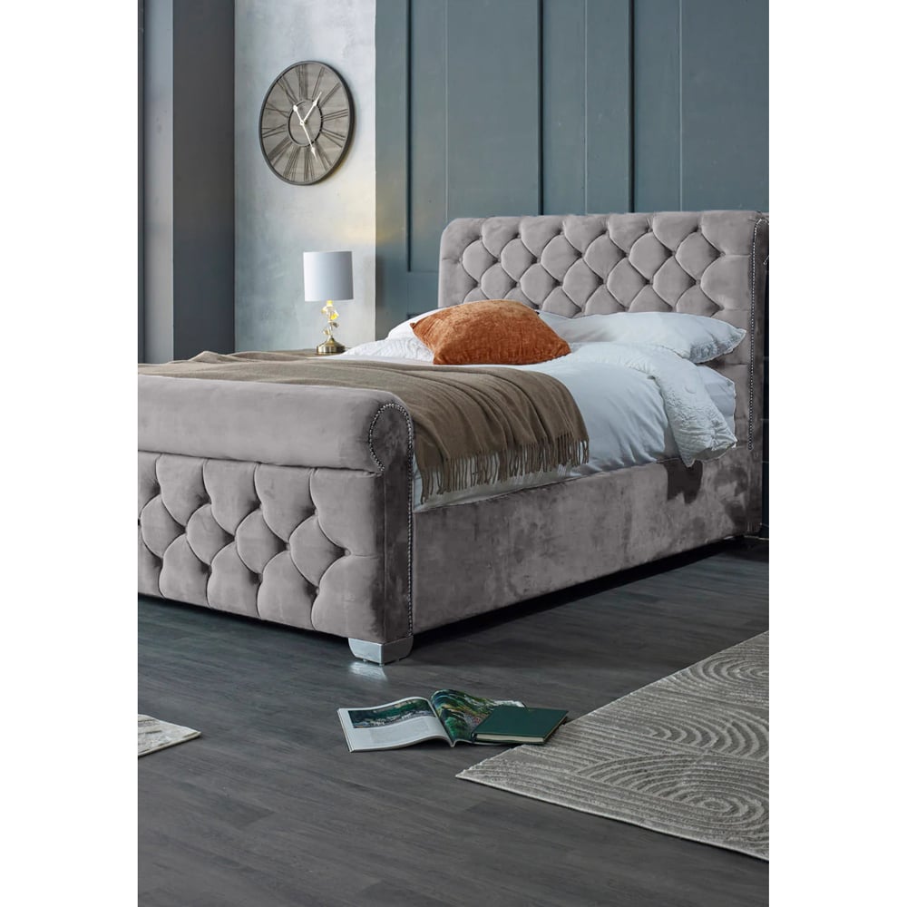 Eleganza Home Veneta Super King Size Silver Plush Velvet Bed Frame with Chesterfield Headboard Image 3