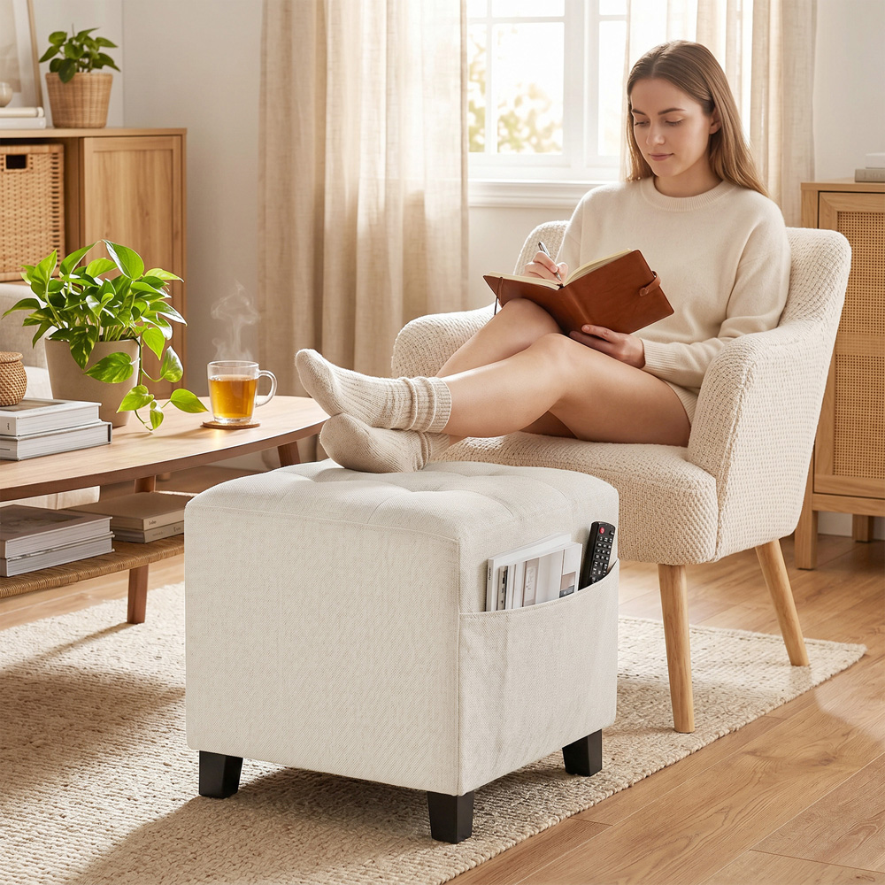 HOMCOM Beige Small Ottoman Pouffe Stool with Side Pocket Image 3
