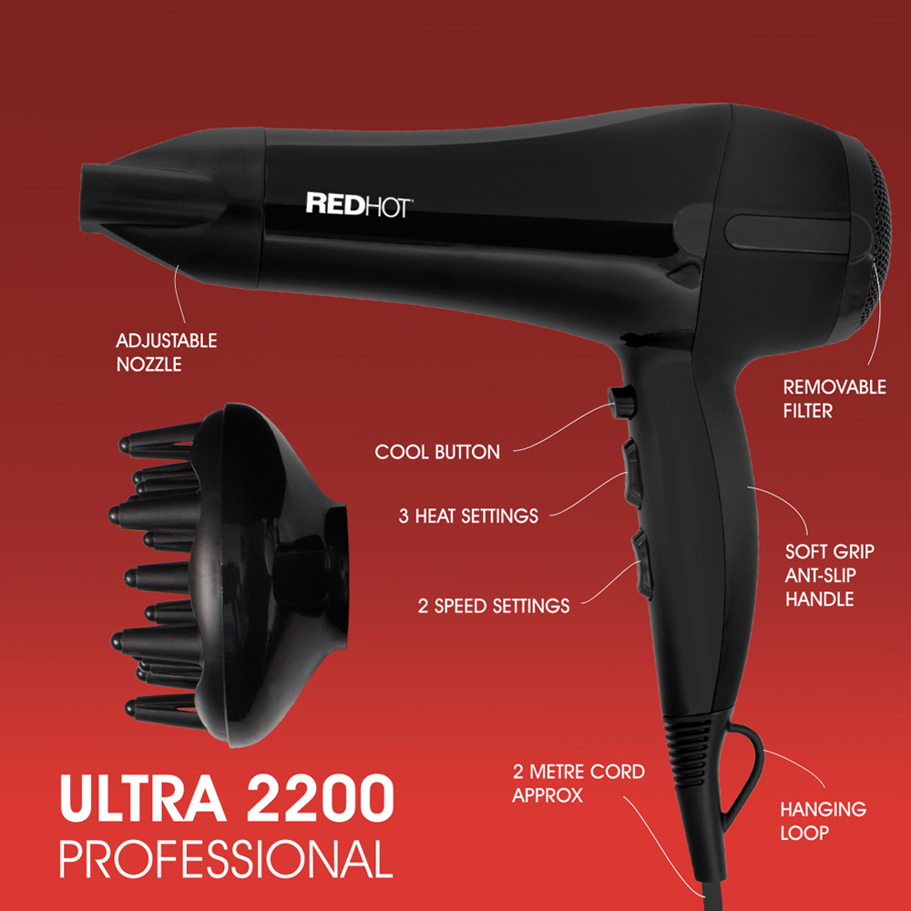 Red Hot Black Professional Hair Dryer with Diffuser Image 6