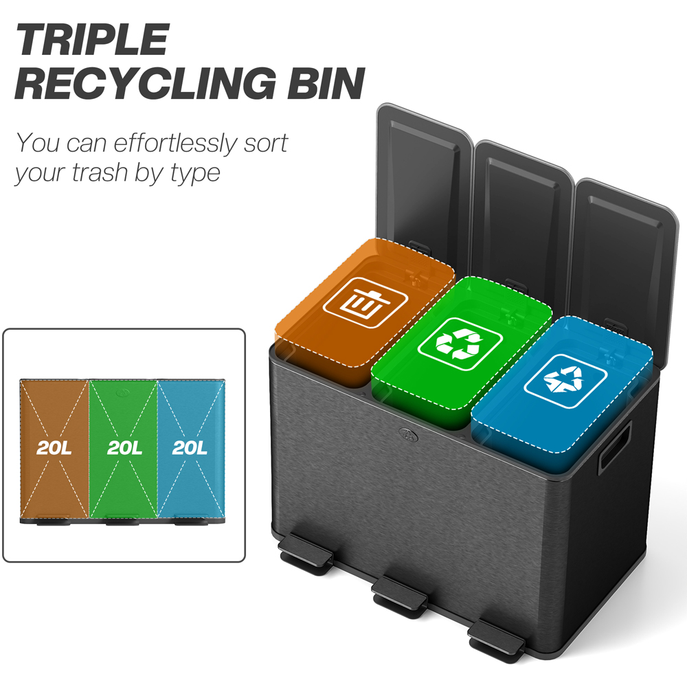 HOMCOM Triple Recycling Black Kitchen Pedal Bin 60L Image 4