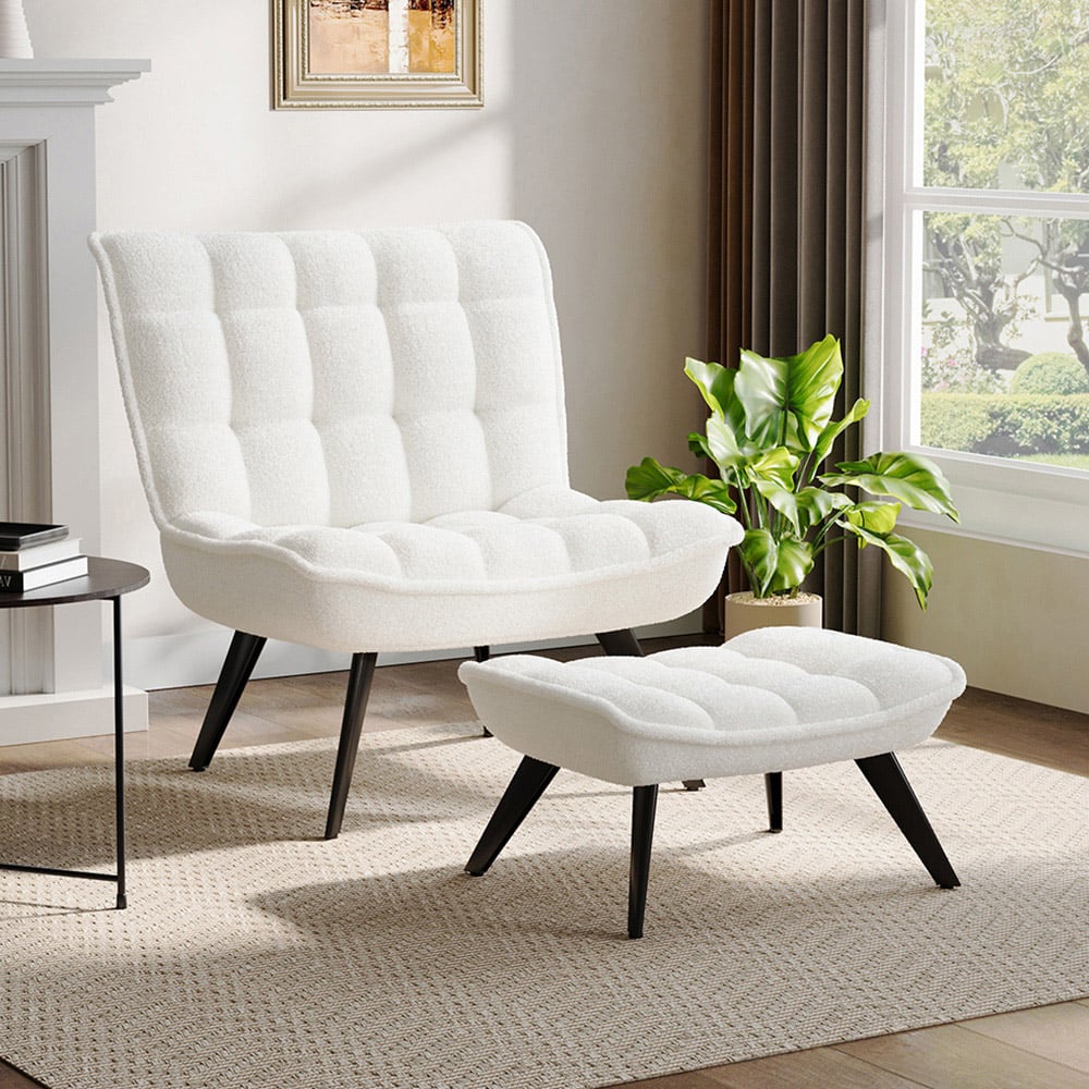 Living and Home White Teddy Fleece Minimal Chair with Footstool Image 3