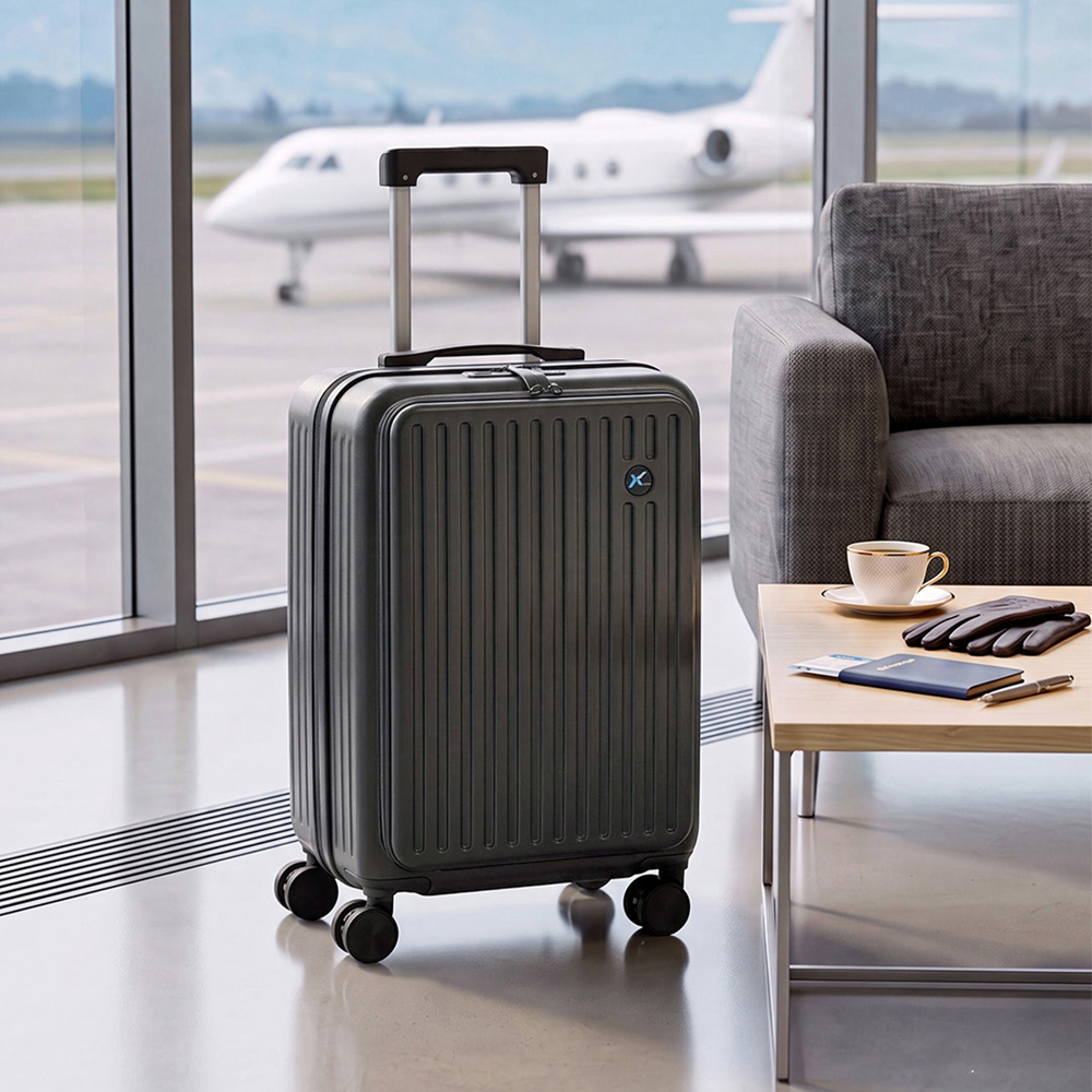 H&O Direct Grey Hard Shell Suitcase with Front Pocket Cup Holder and USB Port 20 inch Image 2