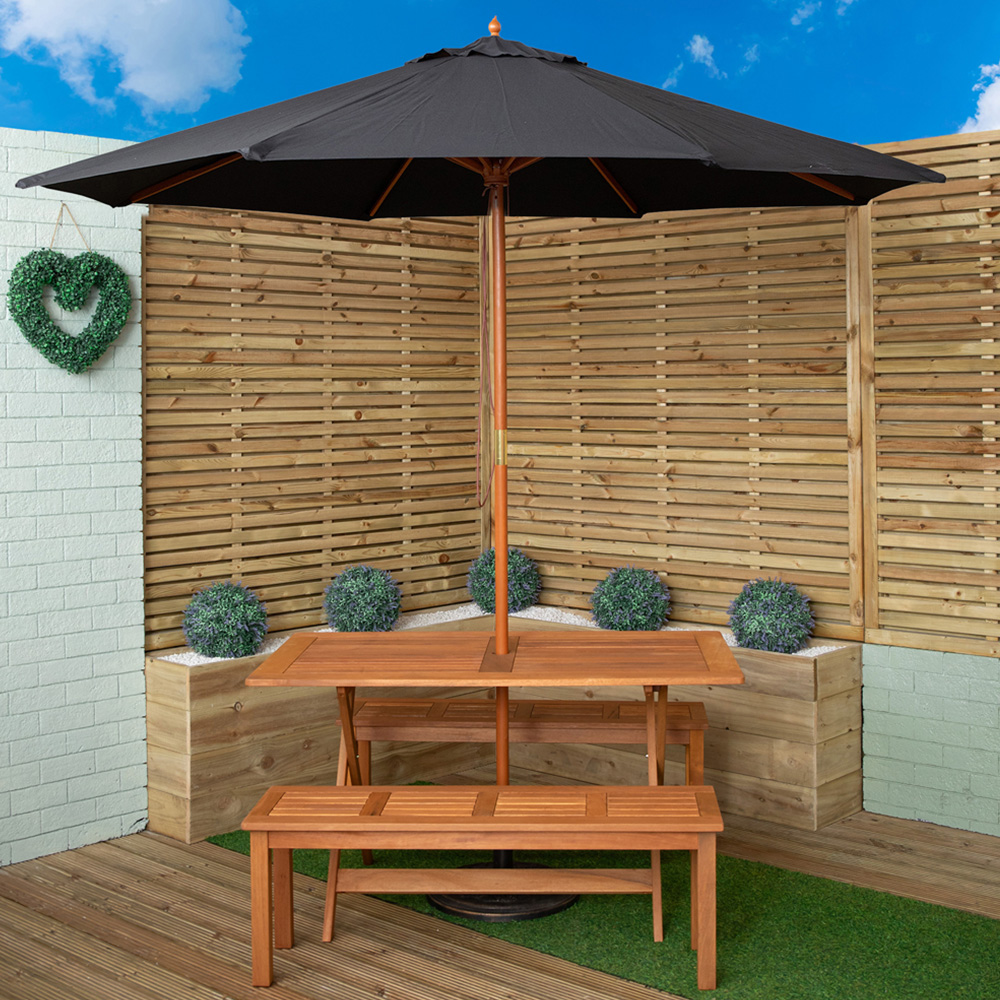 Samuel Alexander 4 Seater Wooden Rectangular Dining Bench Set with Black Parasol and Base Image 1