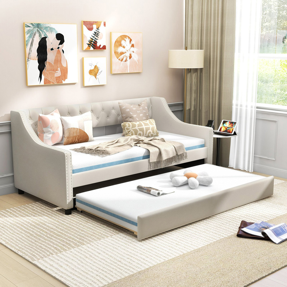 Costway Single Beige Linen Trundle Bed with Backrest Image 3