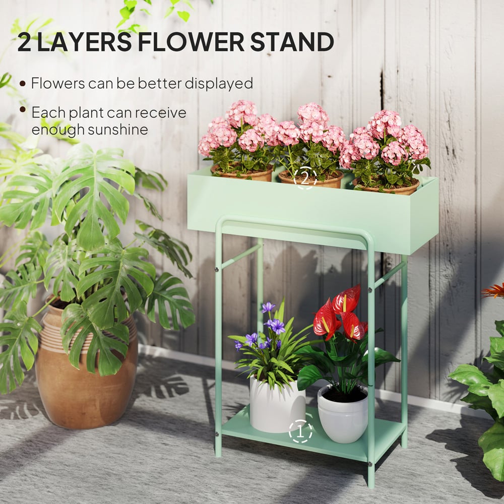 Outsunny 2 Tier Green Metal Plant Stand with Drain Holes Image 4