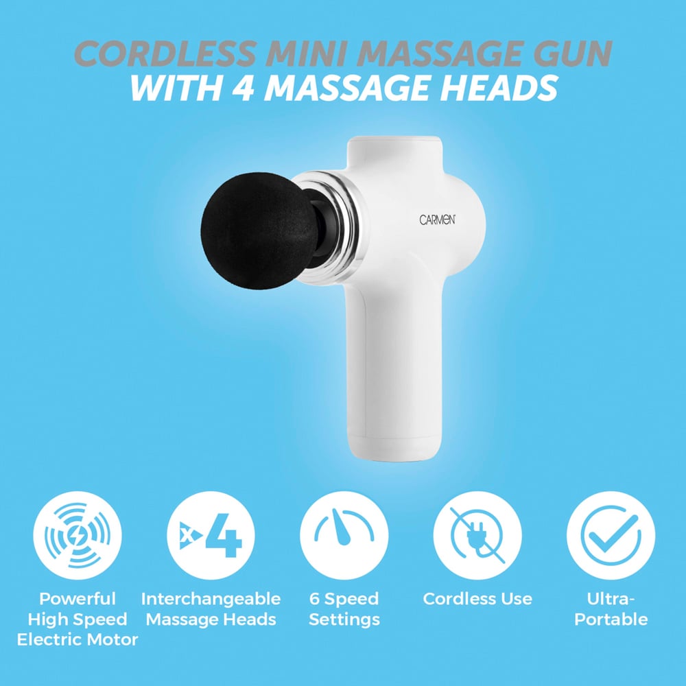 CARMEN White Portable Mini Massage Gun with 4 Massage Heads Image 2