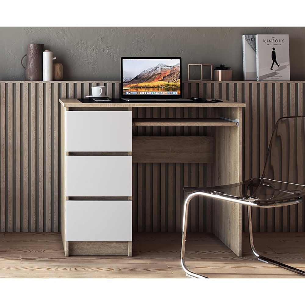 Kudl Cina 3 Drawer Computer Desk with Pull Out Tray Sonoma Oak and White Image 6