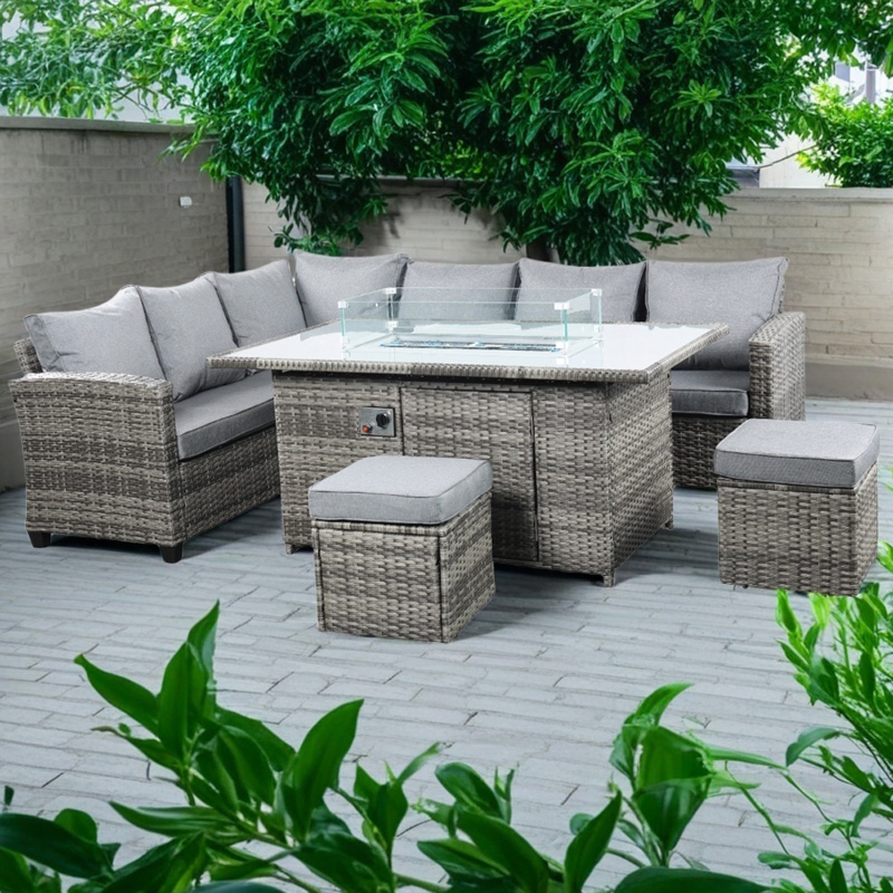 Outdoor Living The Conwy 8 Seater Gas Firepit Rattan Dining Set Dark Grey Image 1
