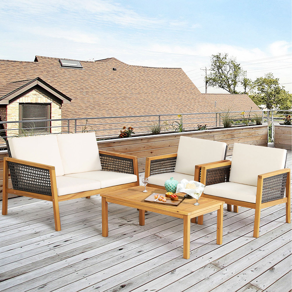 Costway 4 Seater White Patio Acacia Wood Furniture Set Image 4