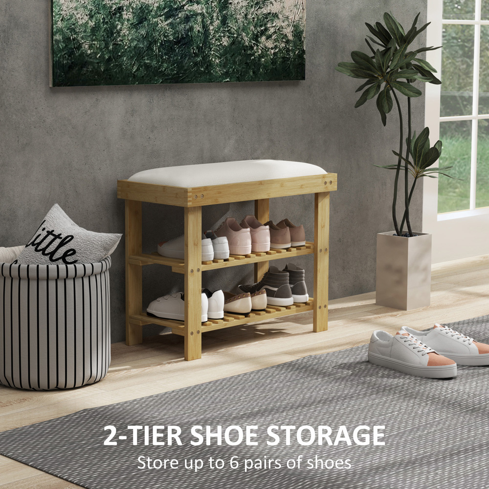 HOMCOM 2 Shelf Cream Bamboo Shoe Storage Bench Image 7