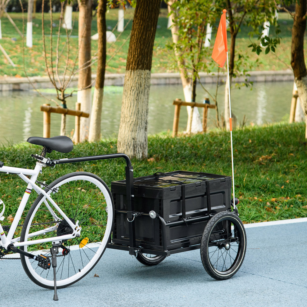 HOMCOM Black Bicycle Trailer with 65L Foldable Storage Box and Pneumatic Tyres Image 2