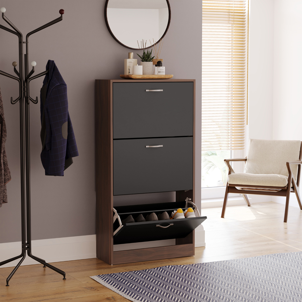 VIDA DESIGNS Walnut and Black 3 Drawer Shoe Cabinet Image 4