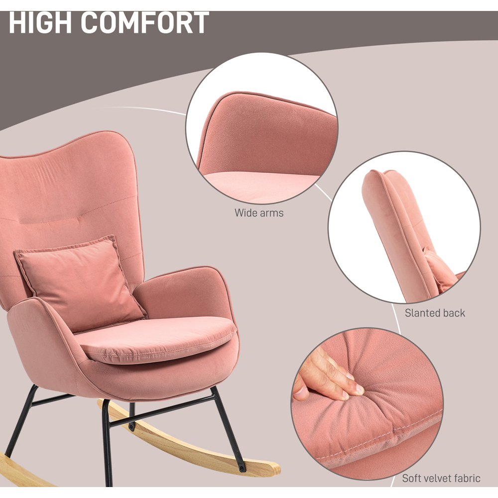 HOMCOM Pink Velvet Rocking Chair with Lumbar Pillow Image 7