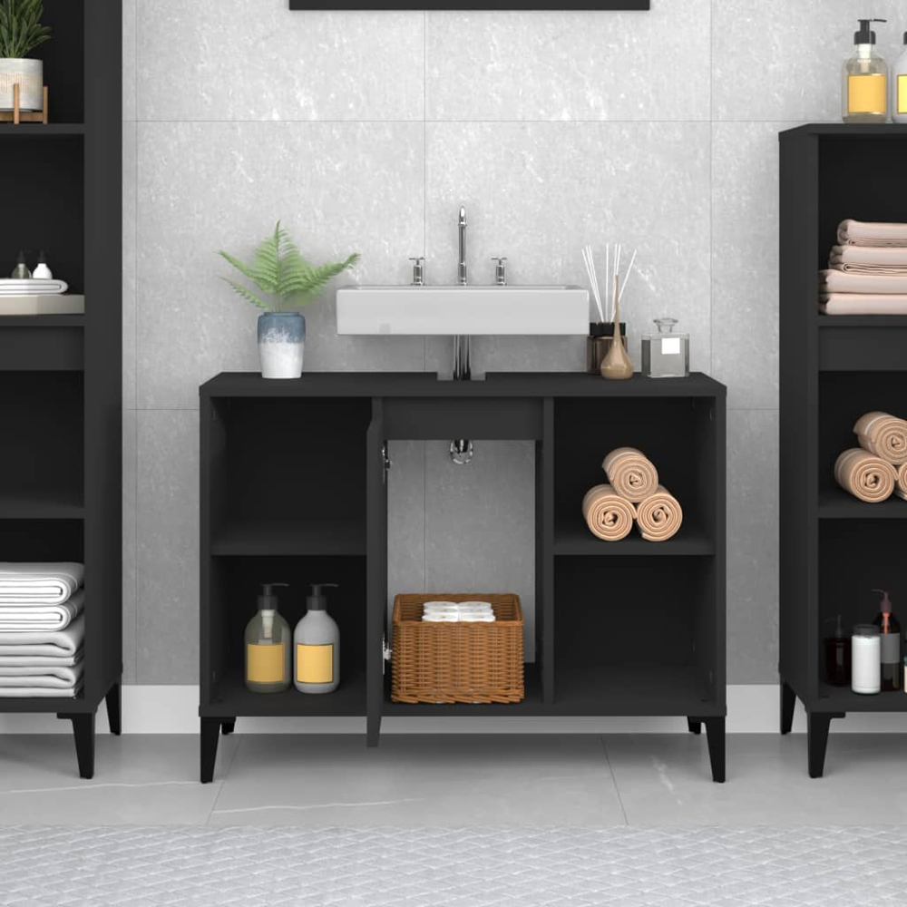 vidaXL Single Door 4 Shelf Black Washbasin Cabinet Image 9