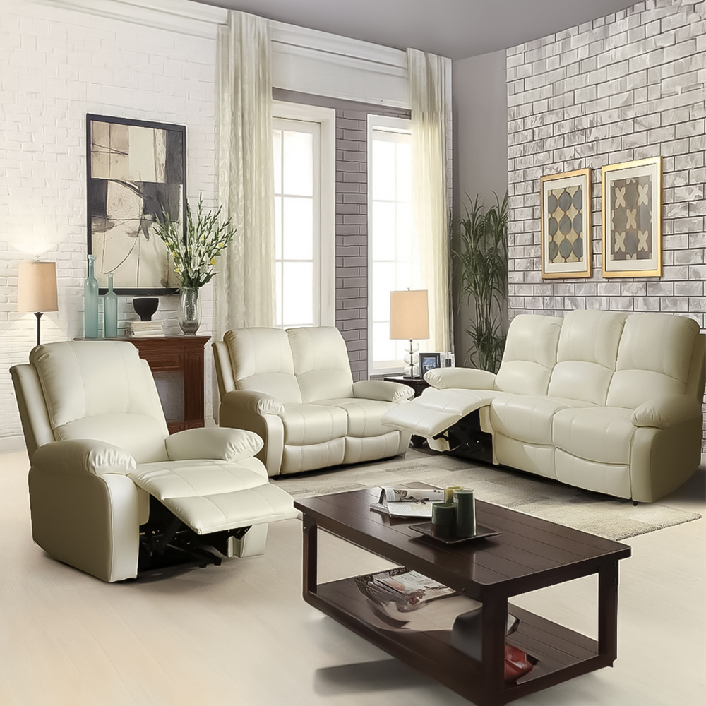 Brooklyn 6 Seater White Bonded Leather Manual Recliner Sofa Set Image 1