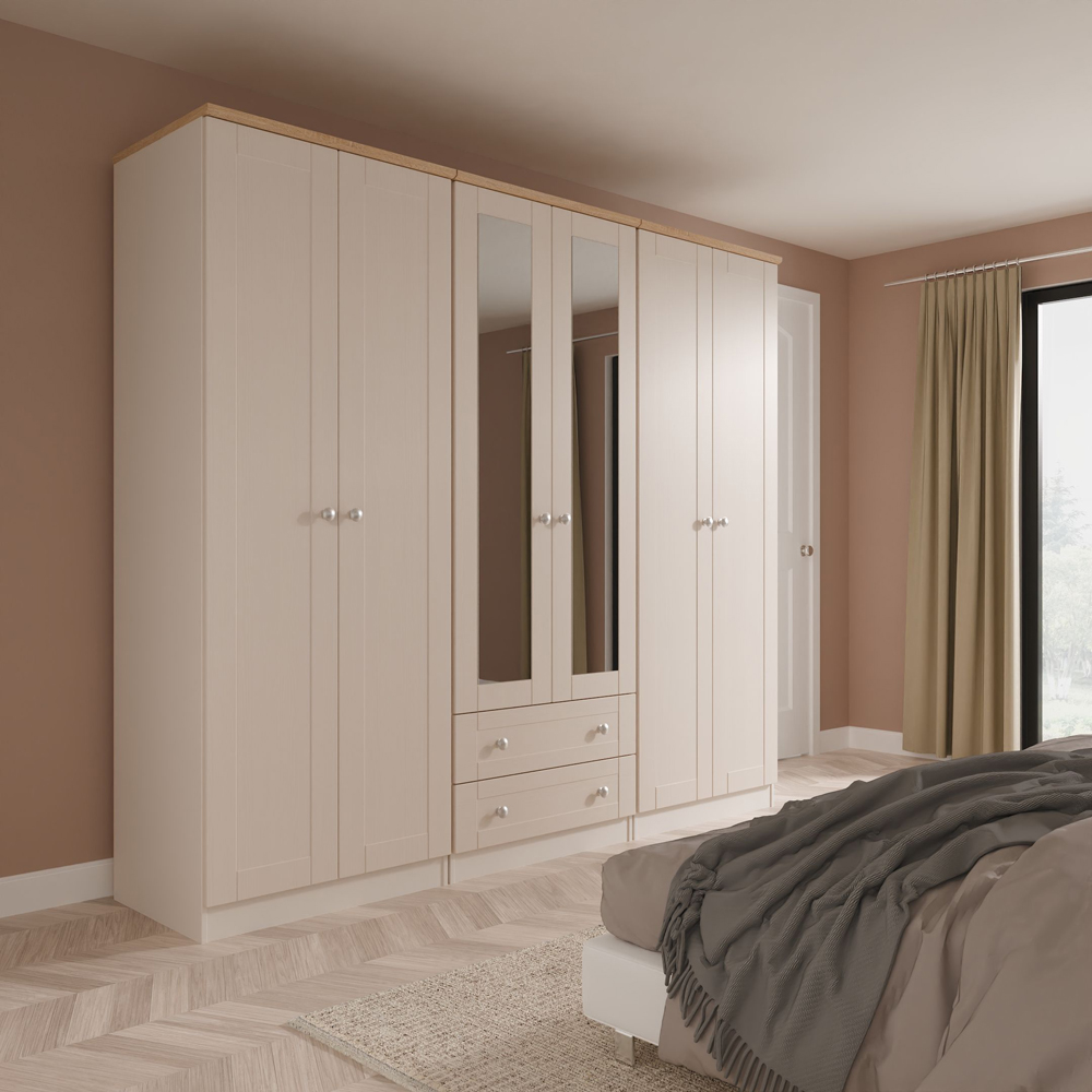 Crowndale Sussex 6 Door 2 Drawer Kashmir Ash and Bardolino Oak Tall Mirror Wardrobe Ready Assembled Image 9