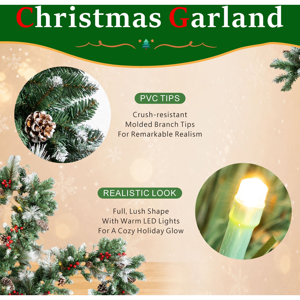 Abrihome 50 Warm White LED Snow-Dusted Artificial Christmas Garland with Pinecones and Berries 270cm Image 6