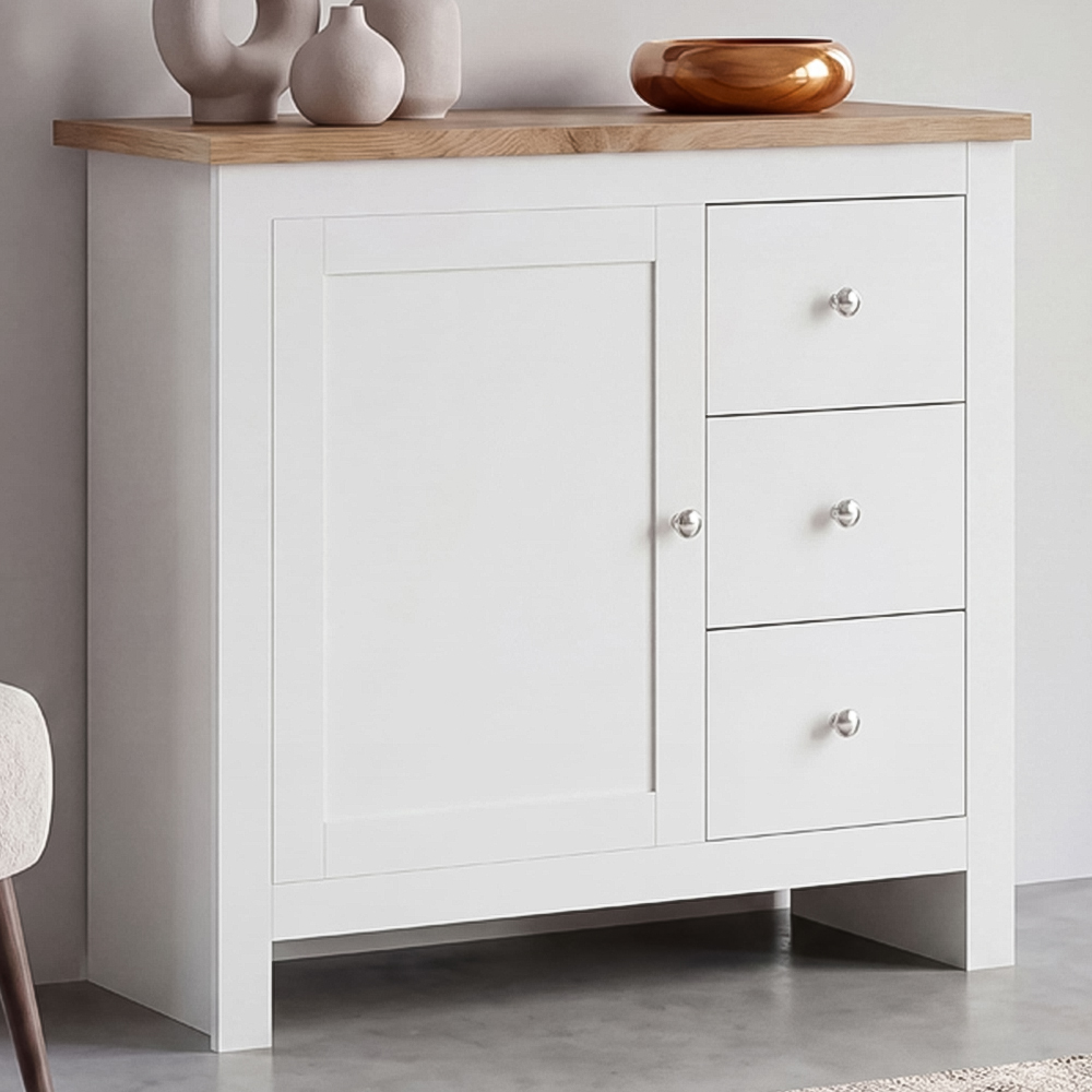 VIDA DESIGNS Arlington Single Door 3 Drawer White Sideboard Image 1