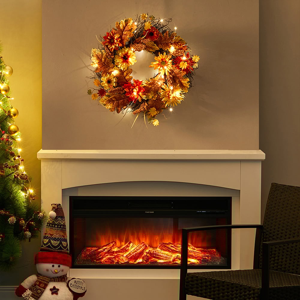 Living and Home LED Wreath with Maple Leaves Daisies and Sorghum 55cm Image 2