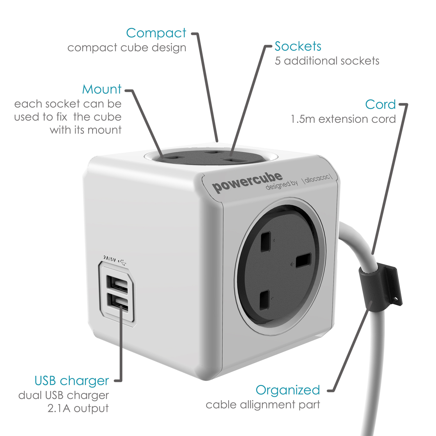 Allocacoc Powercube 1.5m Extension with Dual USB Ports Image 3