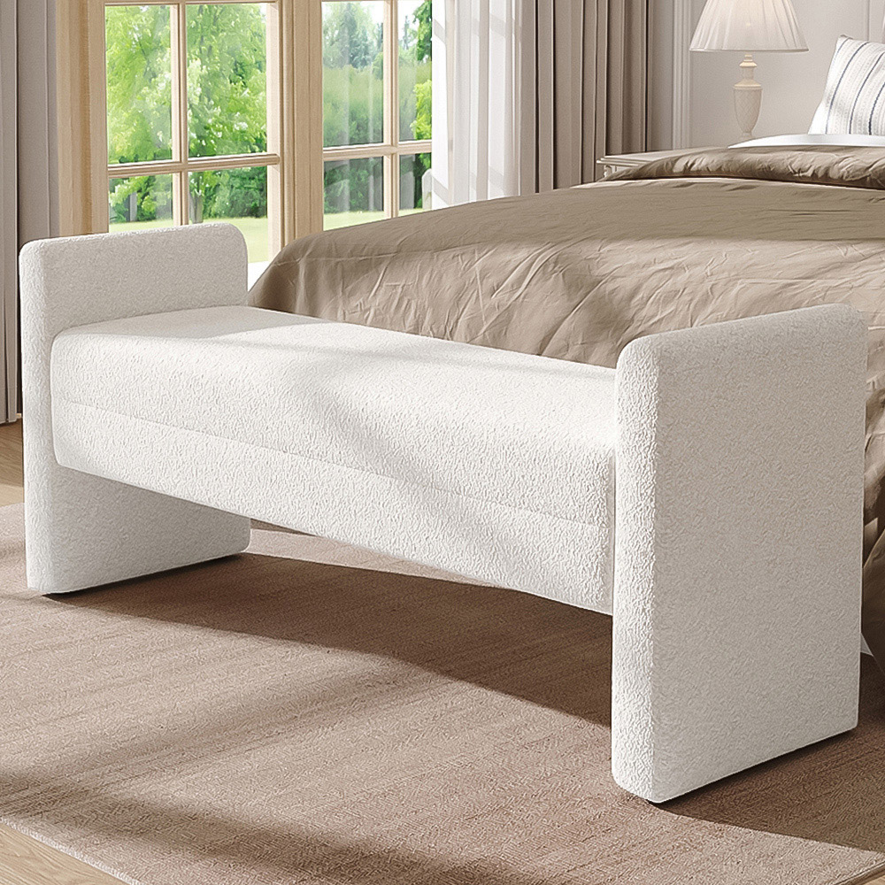 Living and Home White Rectangle Teddy Upholstered H-Shaped Bench Image 1