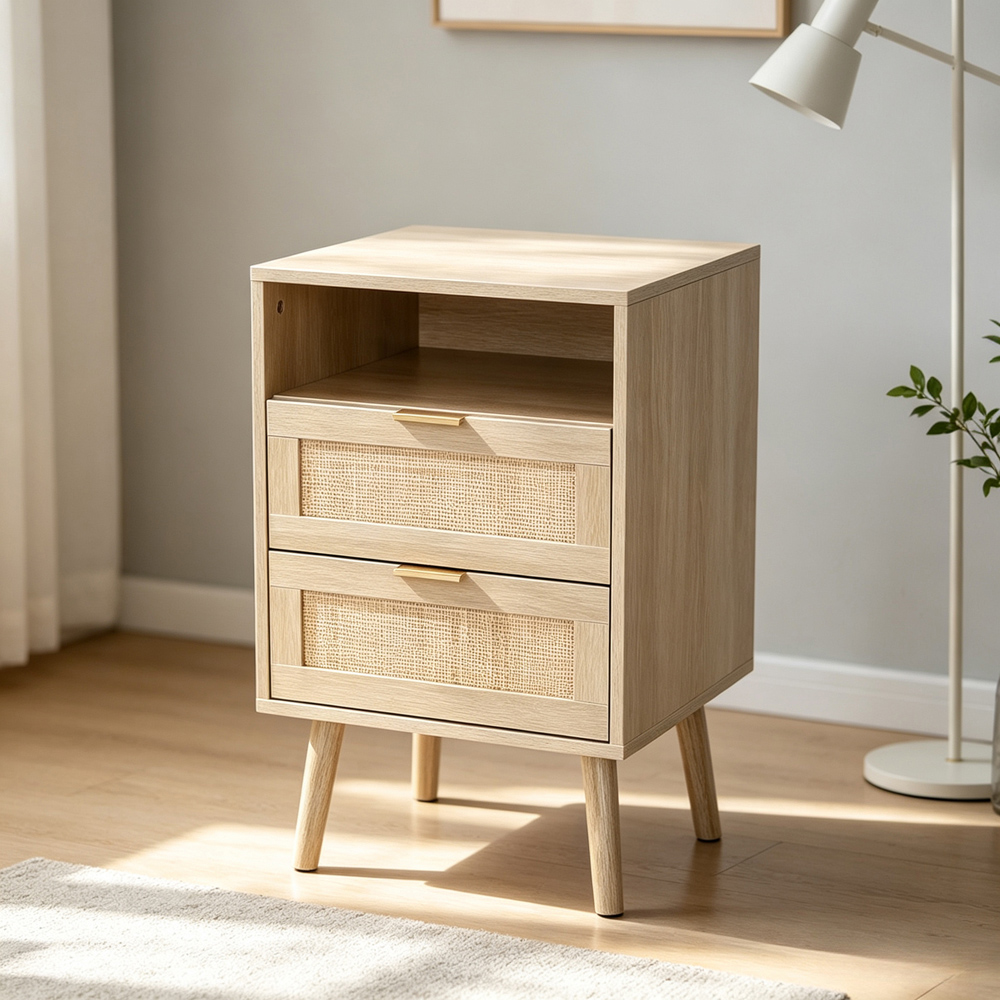 Living and Home 2 Drawer Single Shelf Natural Wooden Rattan Nightstand Image 8