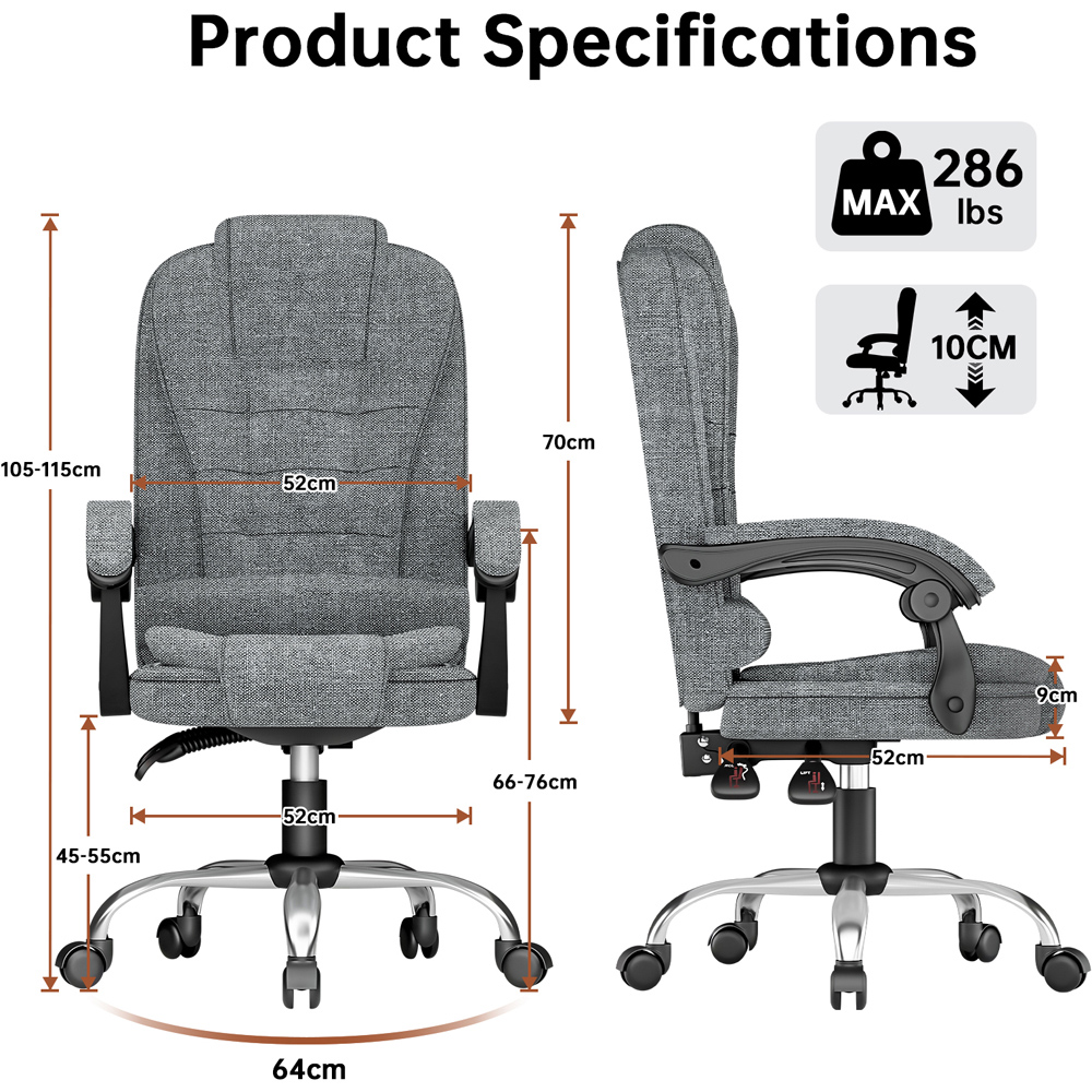 Rattrix Light Grey Height Adjustable Swivel Office Chair with Large Padded Seat Image 7