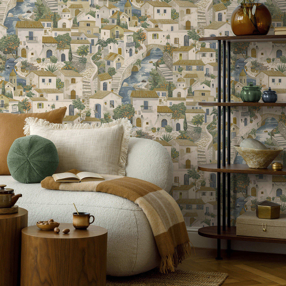 Holden Decor Italian Buildings Beige and Blue Wallpaper Image 3