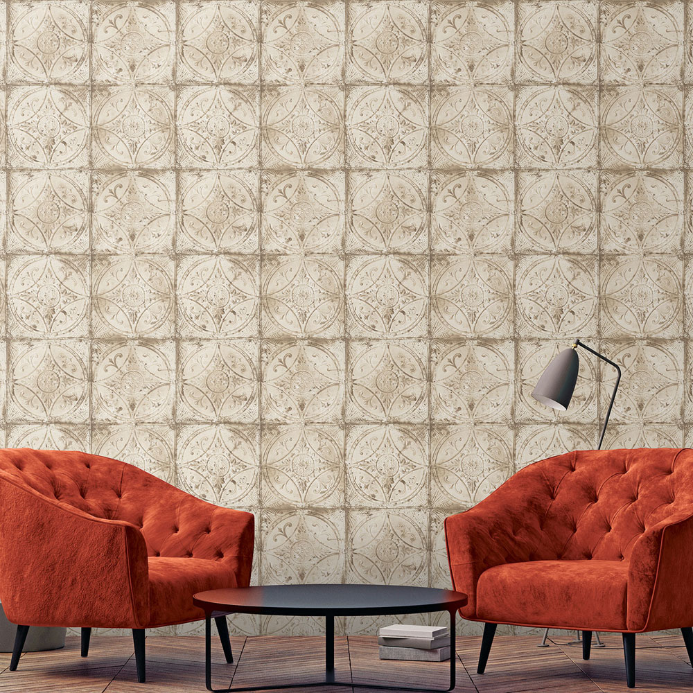 Galerie Grunge Tin Tile Effect Beige Wallpaper Image 2