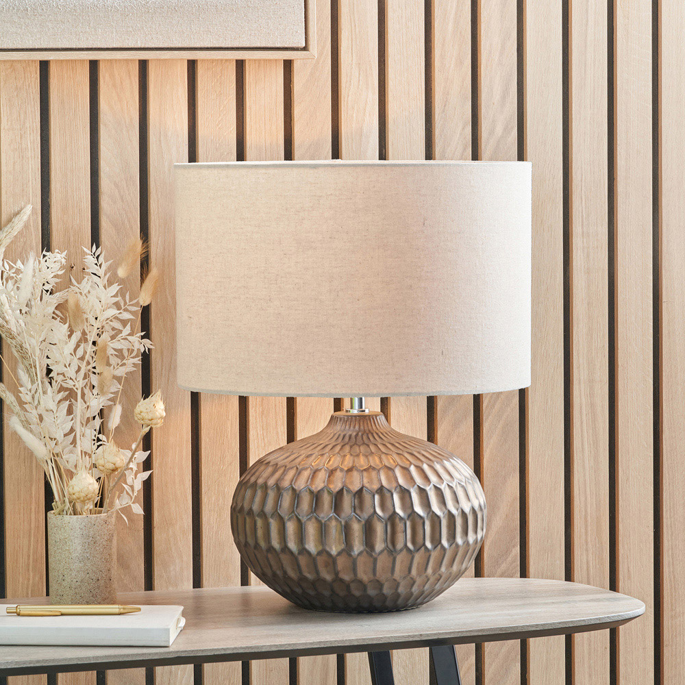 Pacific Lifestyle Cassius Natural Fabric Shade Bronze Textured Glazed Ceramic Table Lamp Image 2