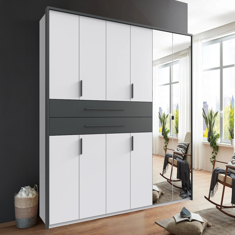 TJ'S Digit 6 Door 2 Drawer White and Graphite Mirrored Wardrobe Image 1