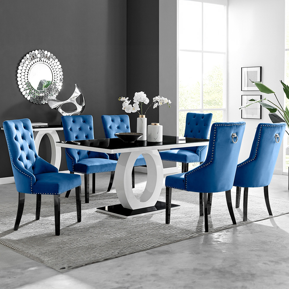 Furniturebox Lucia Kensington 6 Seater Dining Set Black High Gloss and Blue Image 1