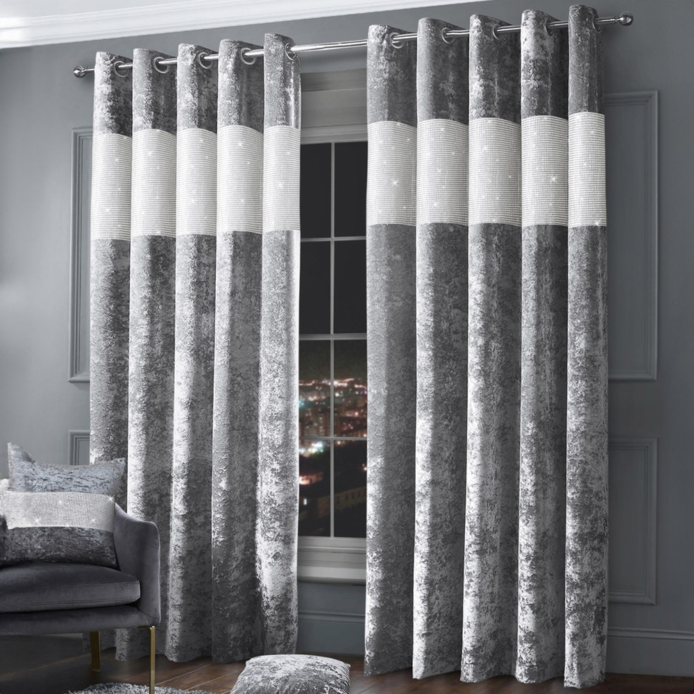 Intimates Diamante Silver Crushed Velvet Eyelet Curtains 223 x 183cm Image 1