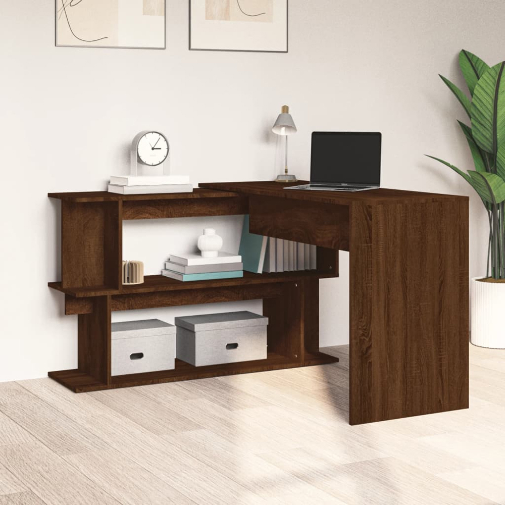 vidaXL 2 Shelf Rotatable Corner Office Desk Brown Oak Image 7