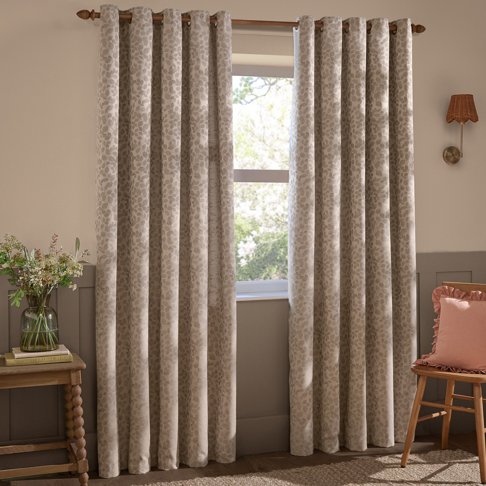 Wylder Grace Leaf Taupe Jacquard Fully Lined Eyelet Curtains 117 x 183cm Image 1