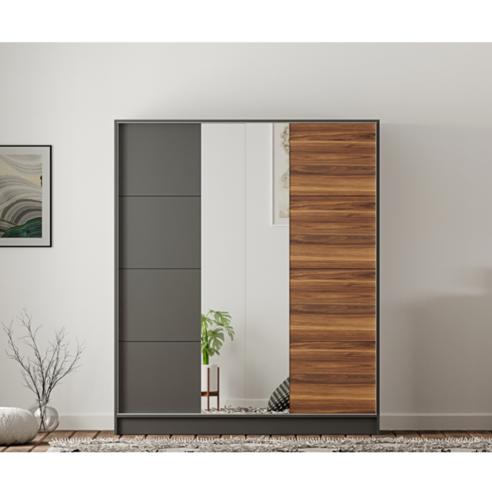 Evu MILANO Sliding Door Walnut and Anthracite Mirror Wardrobe Image 4